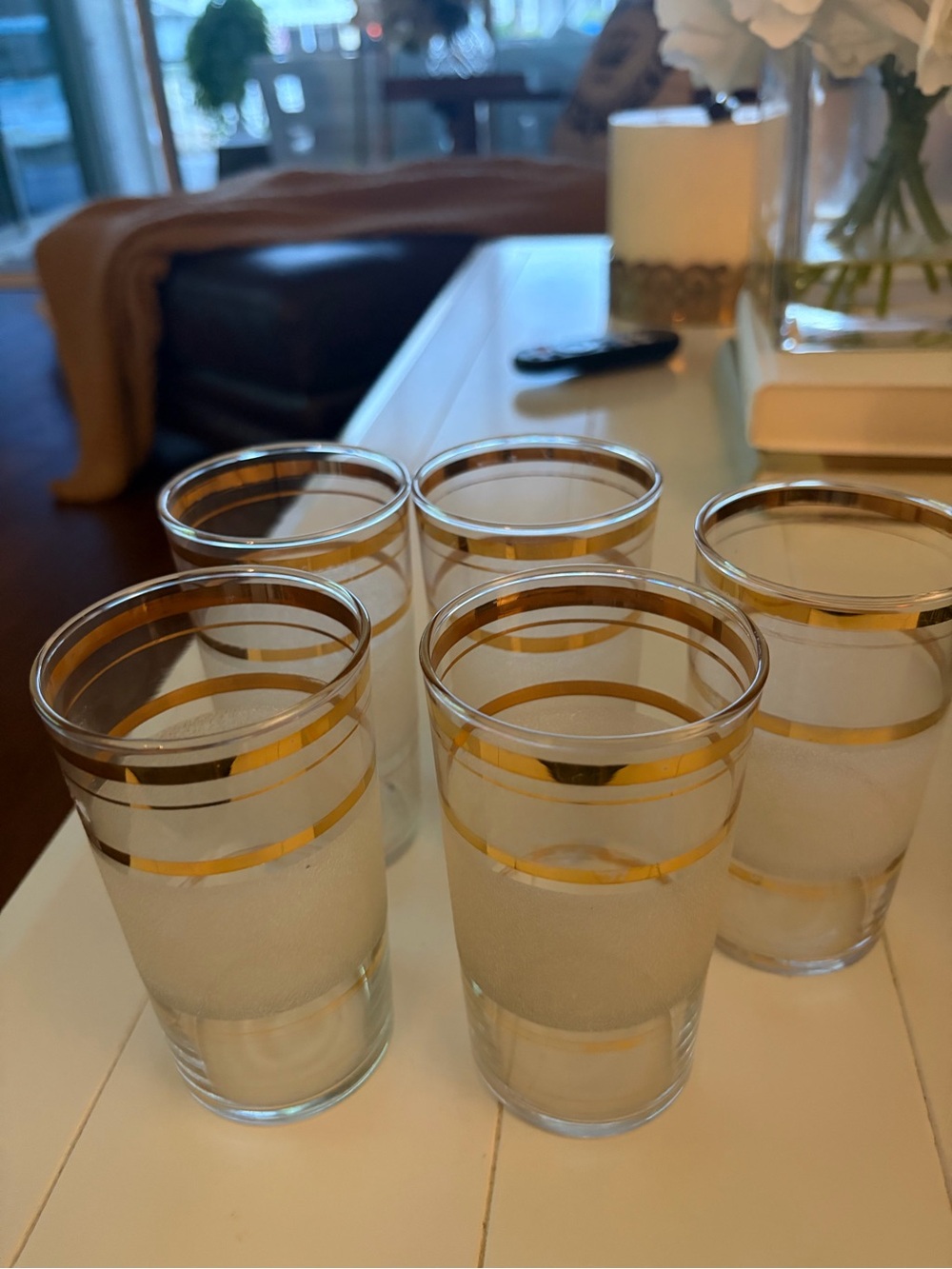 Vintage Mid Century modern frosted bar glasses w/ 22 k gold rims